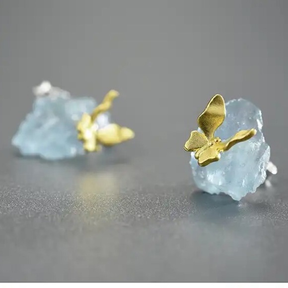 925 Silver Artisan Handmade Natural Aquamarine Butterfly The Zahir Earr… - Picture 12 of 13